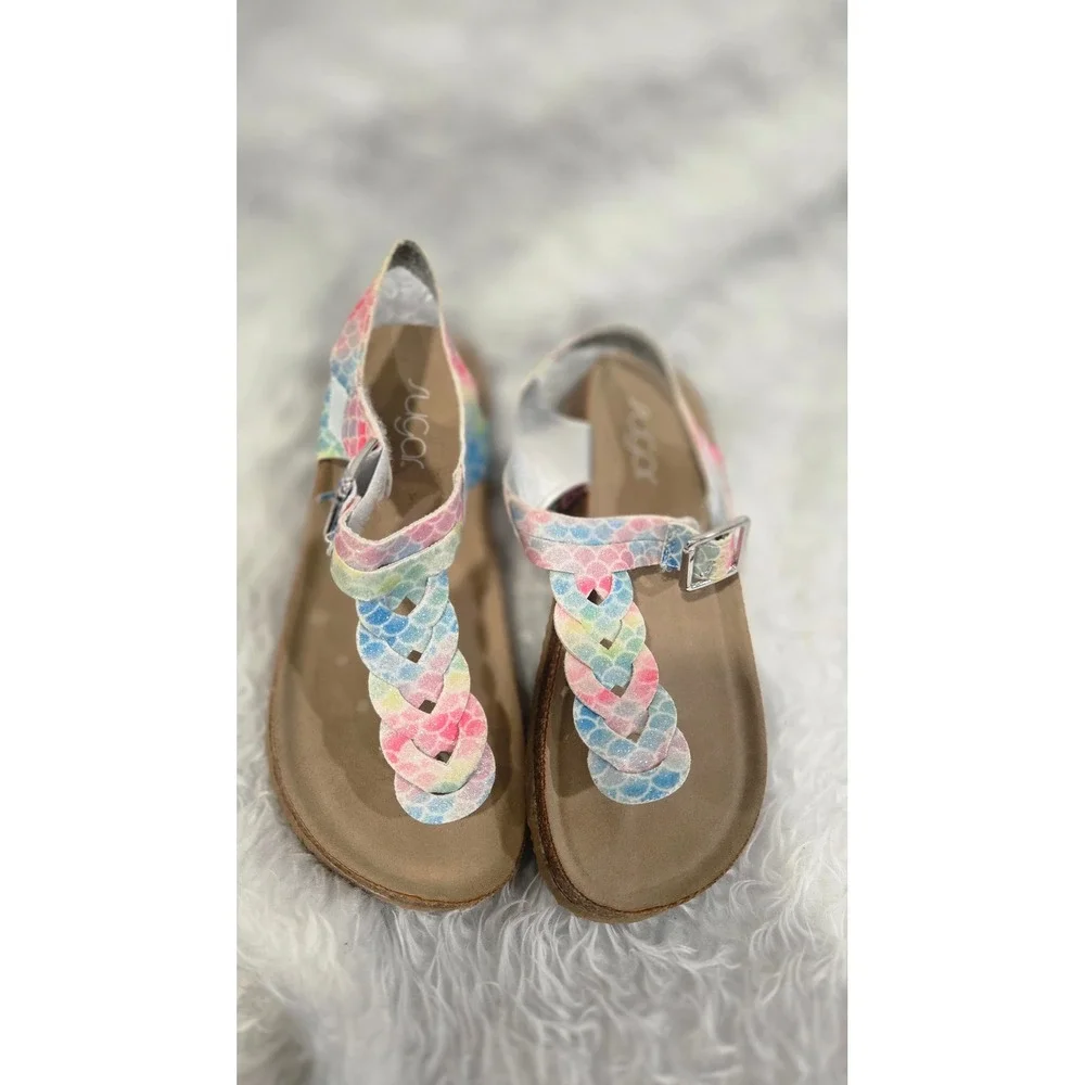 Sugar Kids Artic Roll Rainbow Mermaid Scale Braid T-Strap Sandals Size 2M